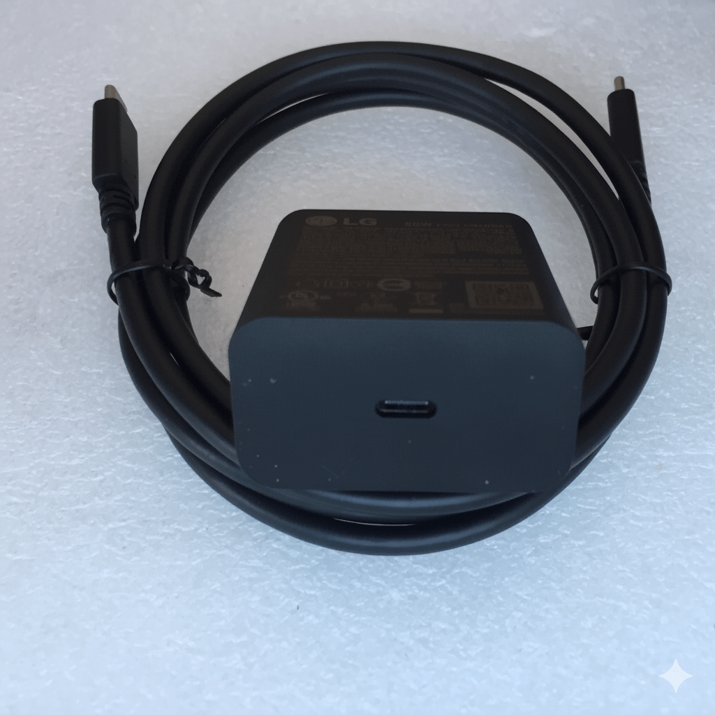 65W black power adapter port close-up
