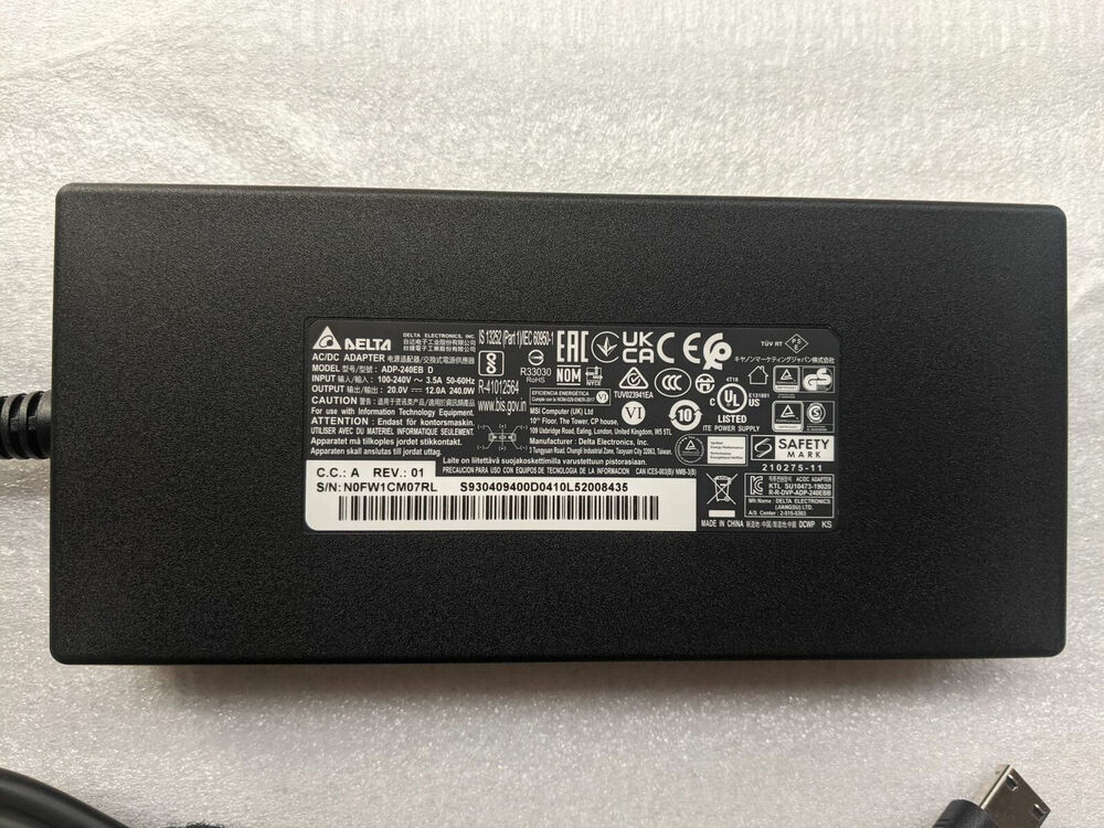 New Original MSI GP66 Leopard 11UE ADP-240EB D Delta 240W 20V AC/DC Adapter&Cord
