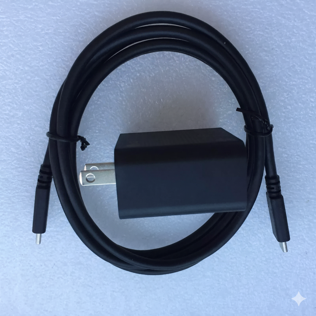 65W black power adapter back view