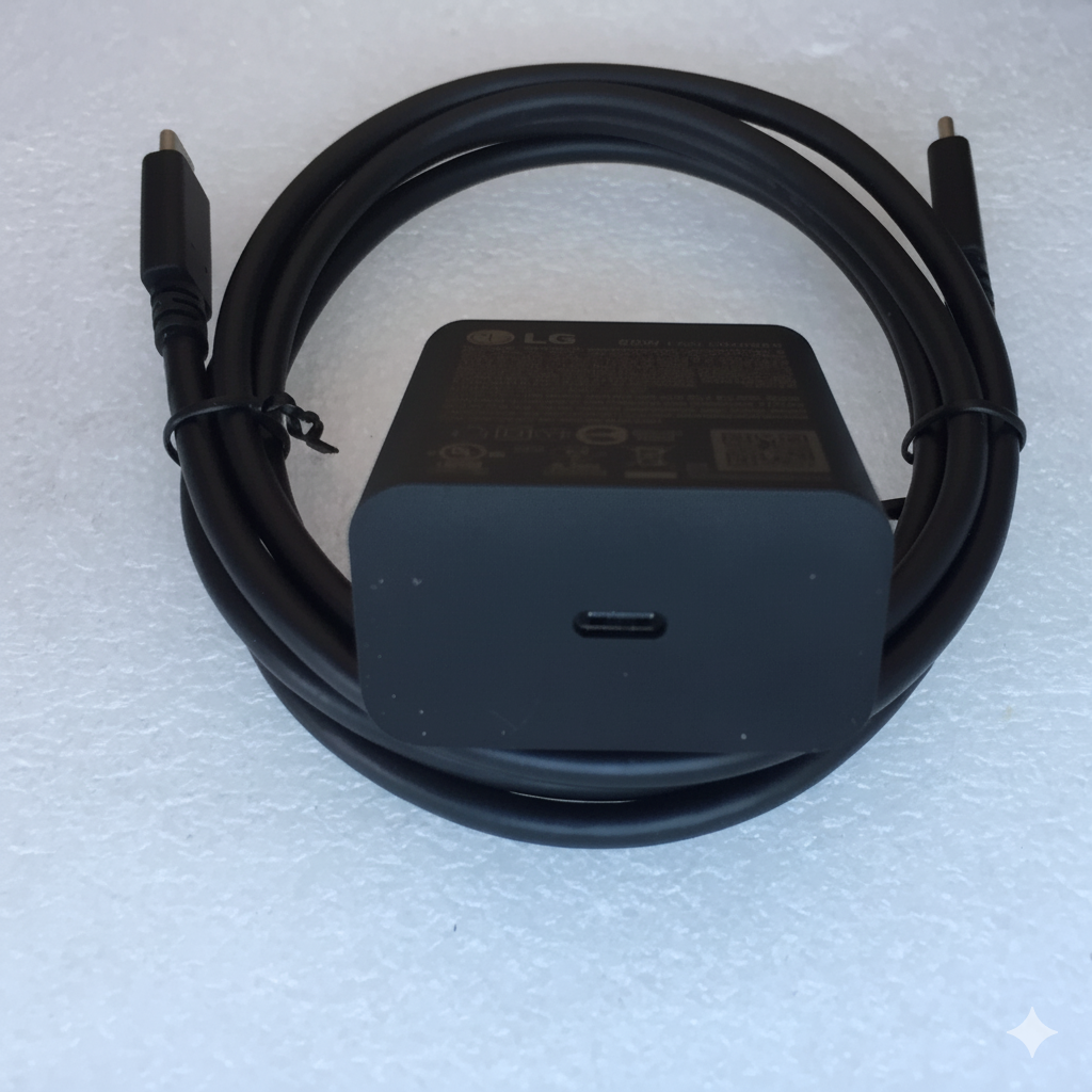 65W black power adapter port close-up