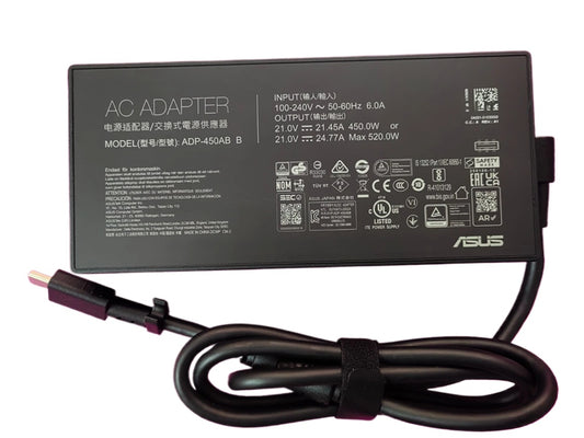 Technical specifications label for ASUS ADP-450AB B power adapter showing 21V 21.45A output and safety certifications