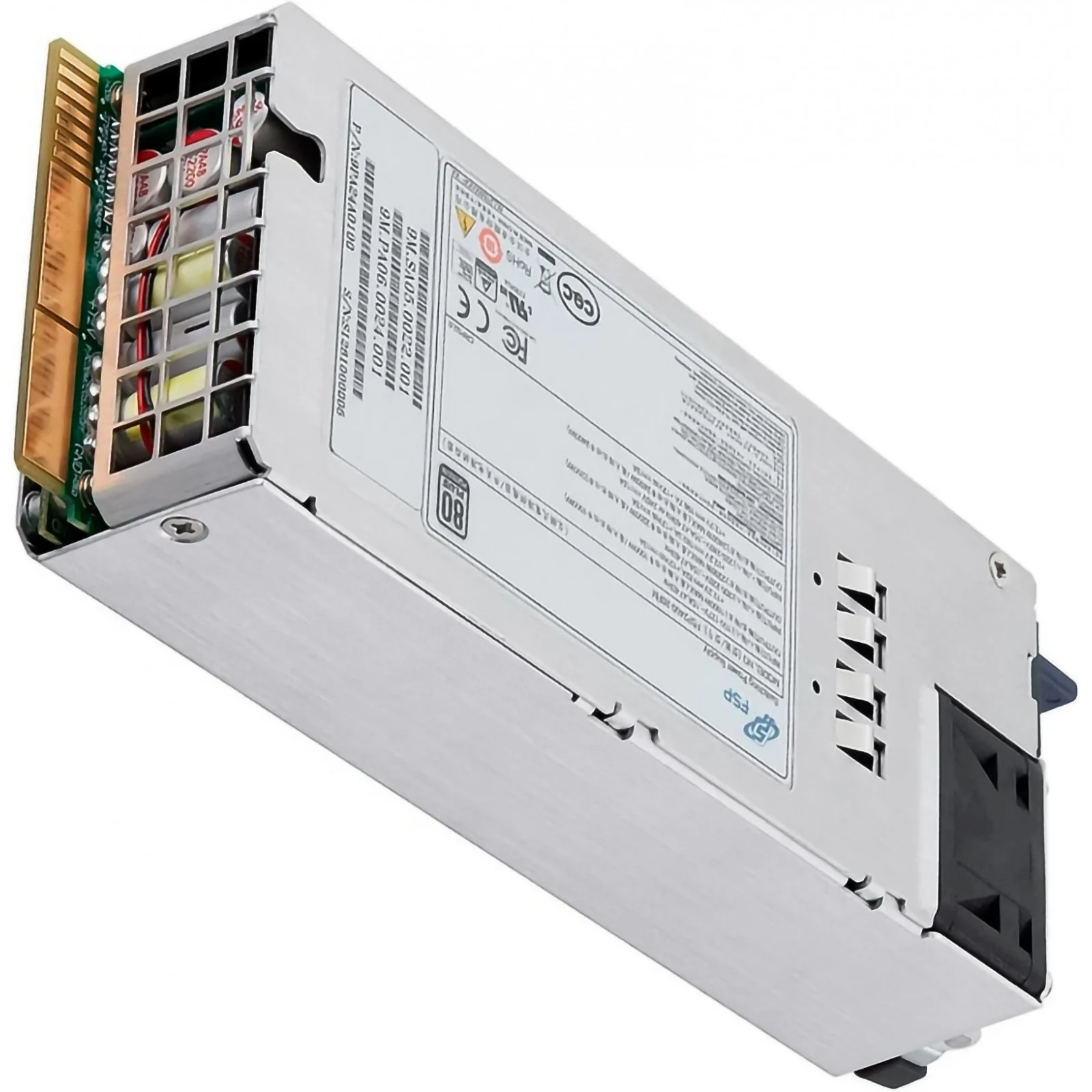 Close-up of CRPS 2.0 gold finger connector and physical dimensions for FSP2400-20FM 2400W PSU