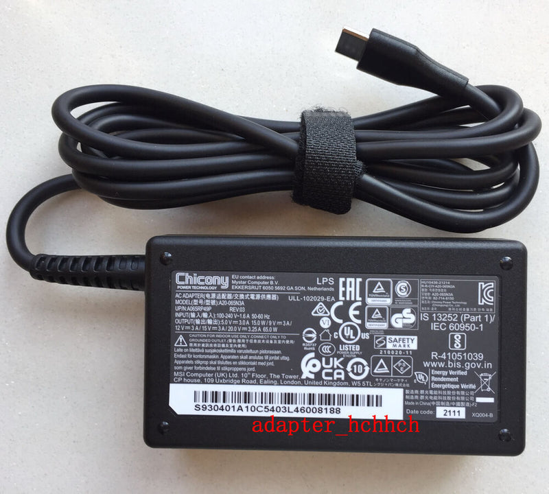 New Original 20V 3.25A Type-C Adapter&Cord for Avita Admiror 14 NS14A5MYR562-BB@