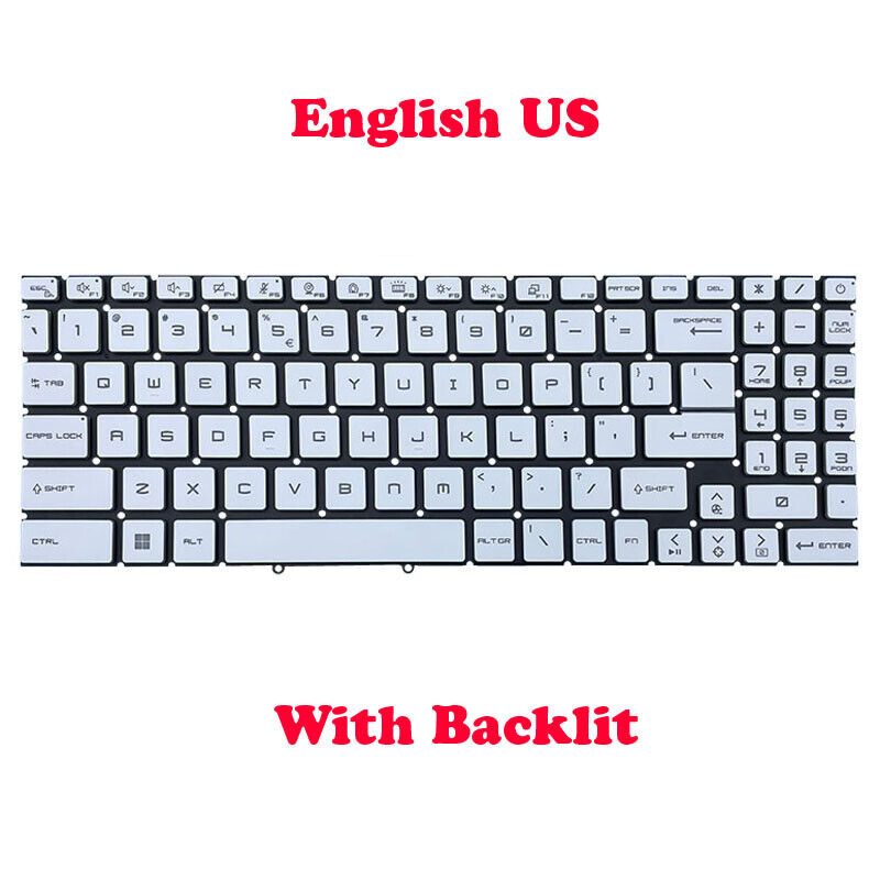 Monochrome Backlit US Keyboard For MSI Sword 17 A11UE A11UD A11UC A11SC English