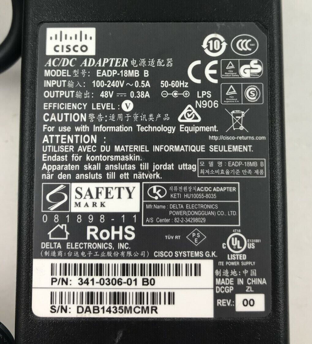 New Original Cisco 341-0306-01 48V 380mA AC Supply Cord/Charger Aironet IP Phone