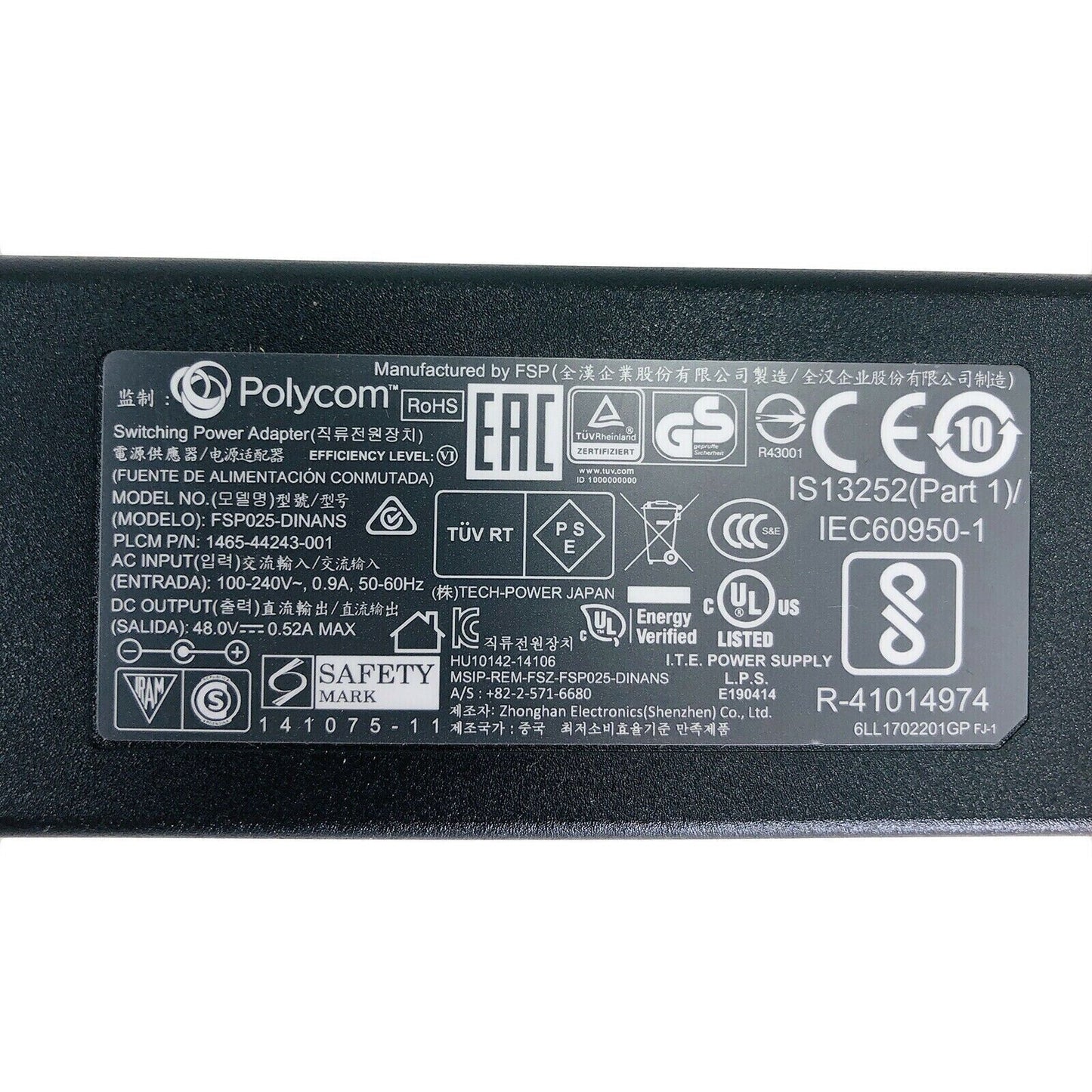New Original Polycom FSP025-DINANS 1465-44243-001 48V 0.52A Power Adapter&Cord