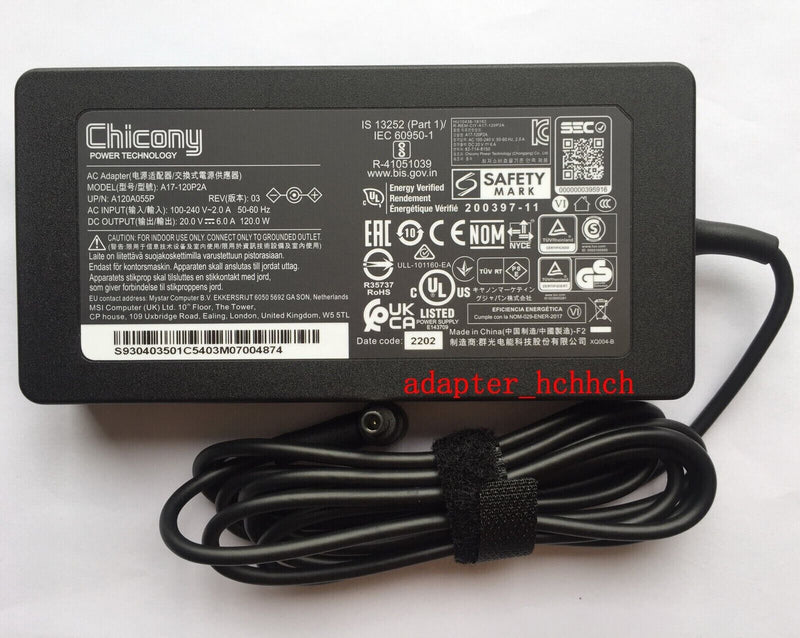 New Original OEM MSI GF63 Thin 12VE-054FR A17-120P2A Chicony 20V 6A Adapter&Cord
