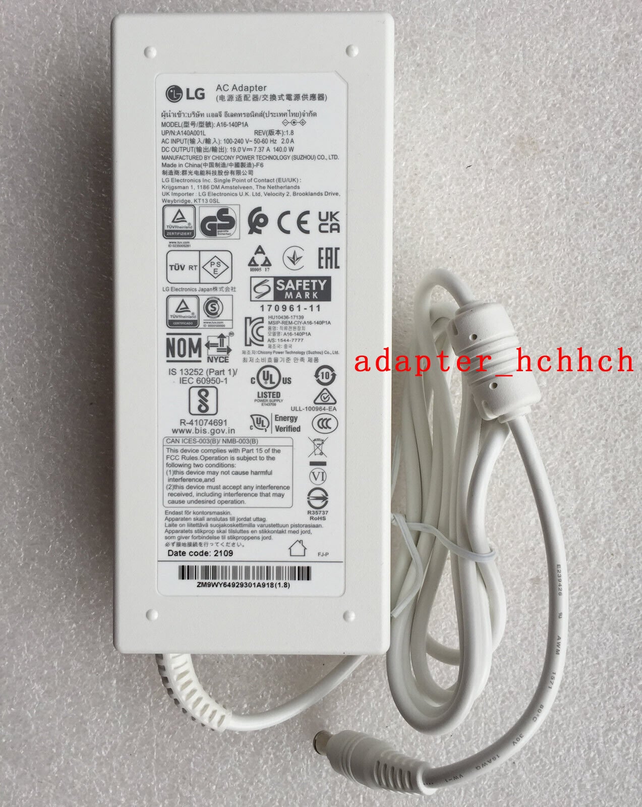 New Original OEM LG 19V 7.37A White Adapter for LG 27UN850-W EAY64929301 Monitor