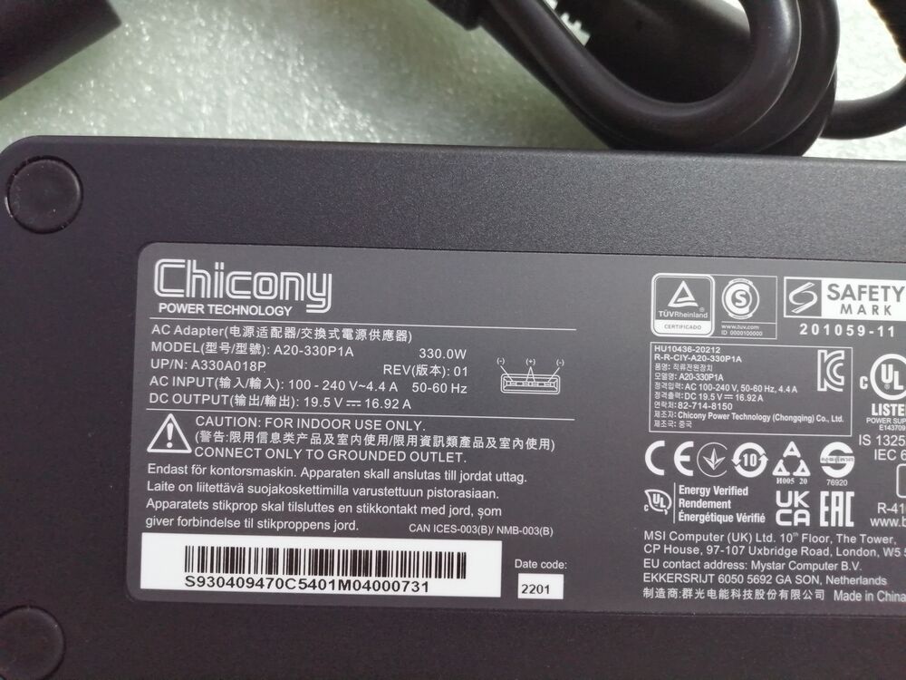 New Original MSI Raider GE76 RTX 3080TI i9 12900HK A20-330P1A 330W AC Adapter