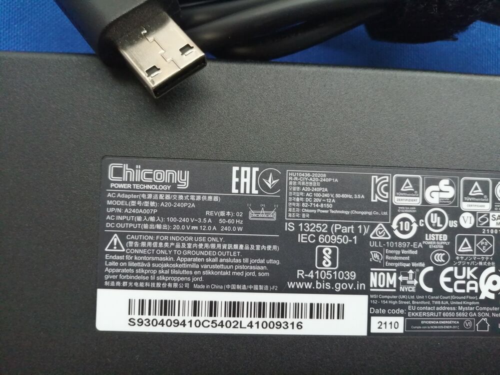 New Original MSI GE66 Raider 11UE-600TW A20-240P2A Chicony 240W 20V Adapter&Cord