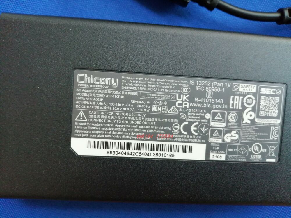 New Original Chicony 180W 20V Adapter for MSI Crosshair 15 A11UEK-205 A17-180P4B