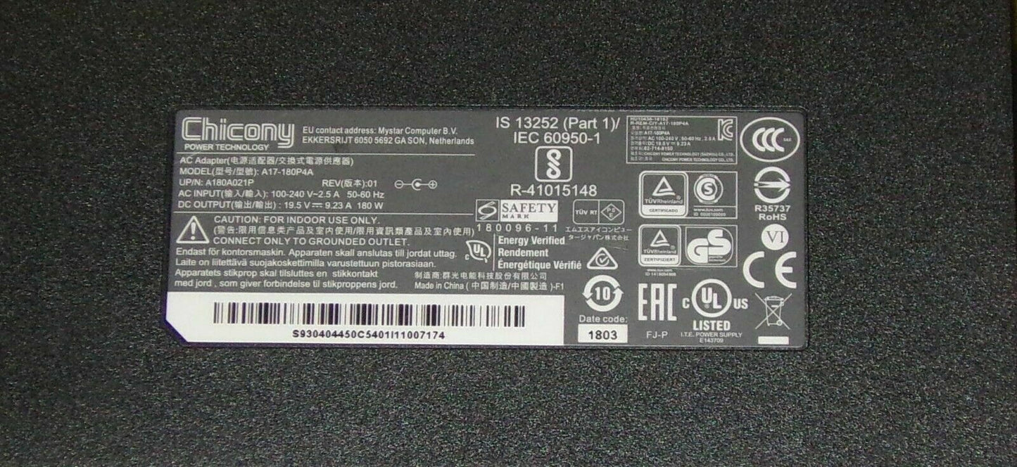 Original Chicony 180W 19.5V Slim Adapter for MSI WS75 9TK-498 Mobile Workstation