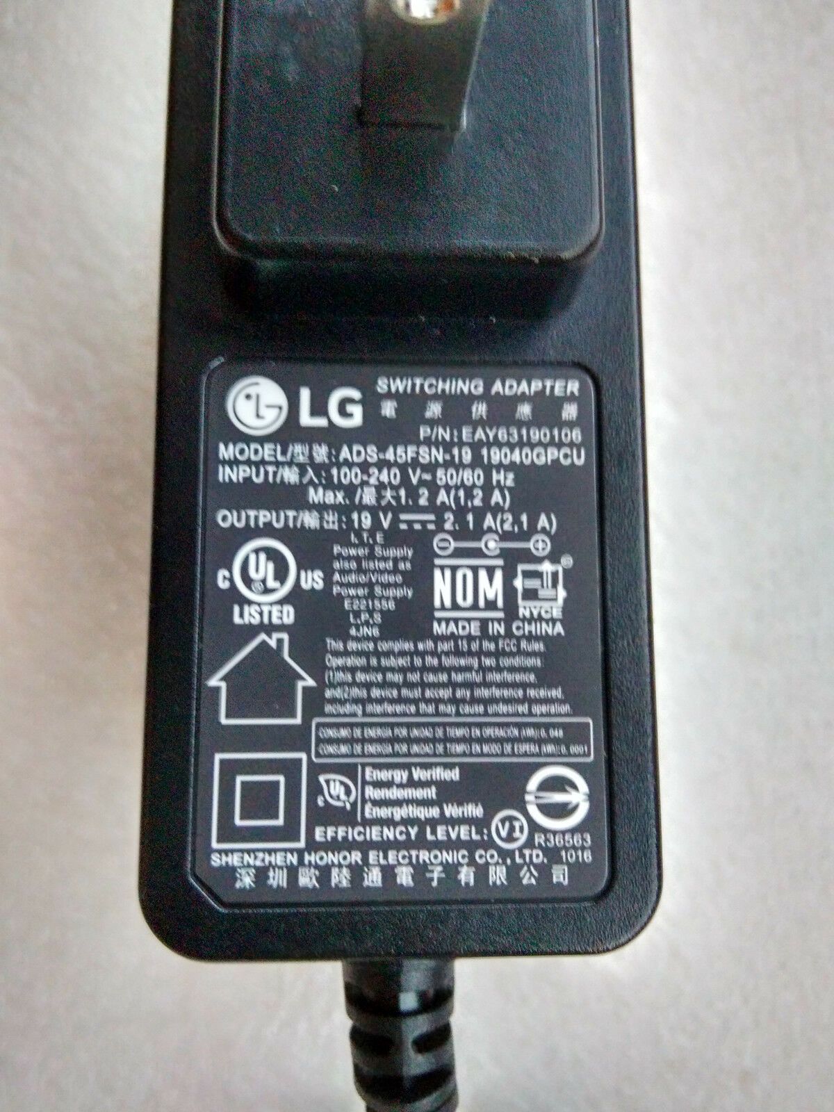 Original OEM LG AC Adapter for LG 34WK500 IPS LED Monitor,ADS-45FSN-19,19040GPCU