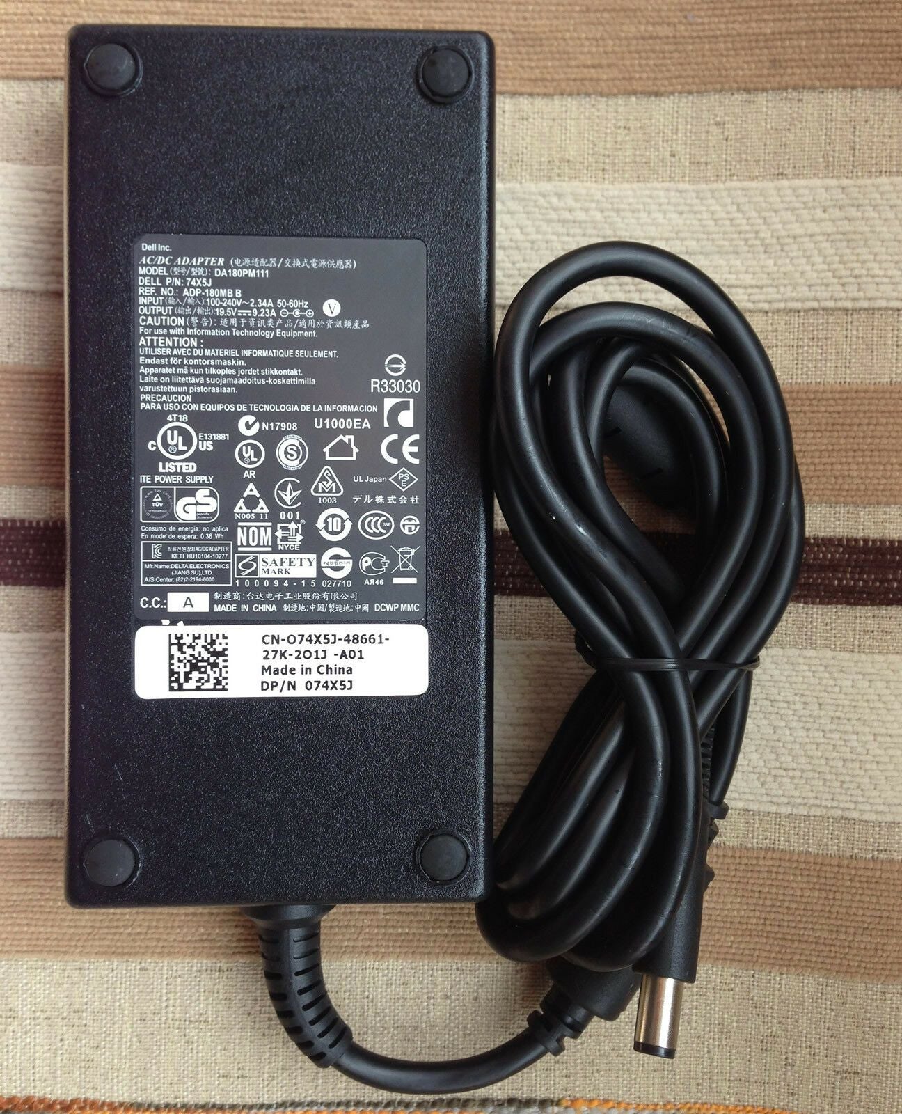 Original OEM Dell 180W AC Adapte+Cord for Precision M4600 M4700,74X5J,DA180PM111