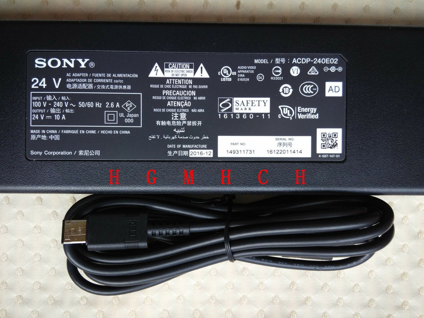 Original OEM Sony LED TV XBR-65X900E,ACDP-240E02,149311731 AC/DC Adapter&DC Cord