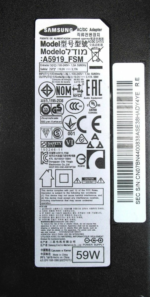 Original OEM SAMSUNG 59W AC/DC Adapter for Samsung LC32H711QENXZA Curved Monitor