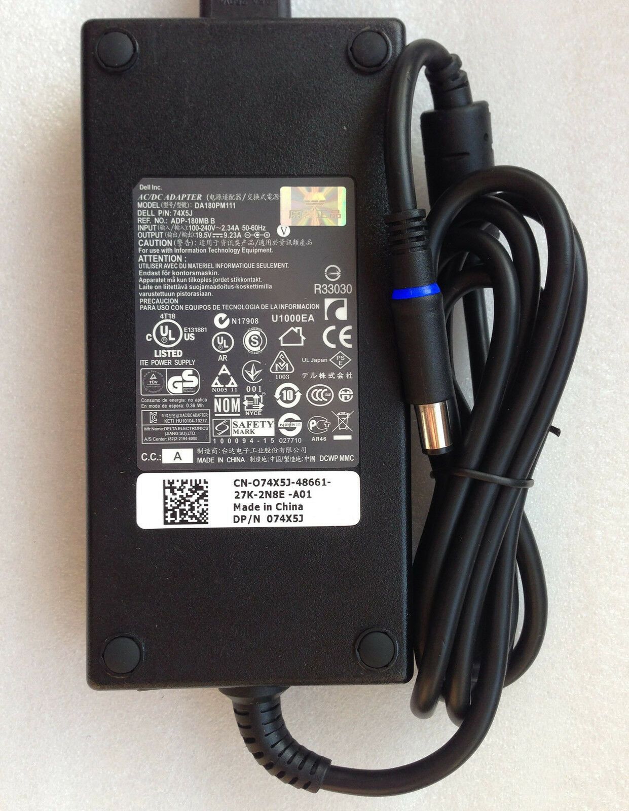 Original OEM Dell 180W Slim Cord/Charger Precision M6700,M6800,74XJ5,WW4XY,JVF3V