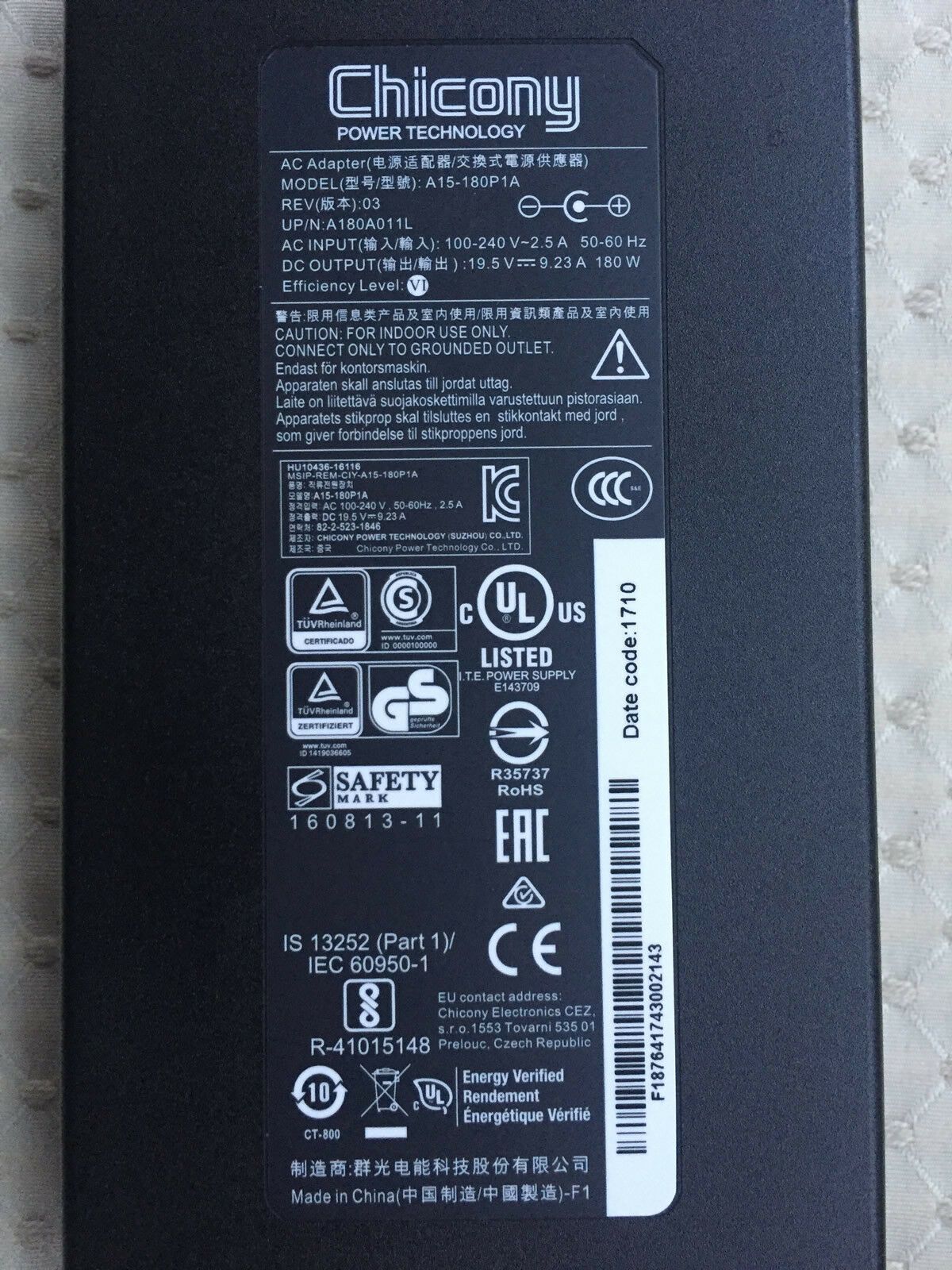 @Original OEM Chicony 180W 19.5V 9.23A AC Adapter for MSI GS73VR Stealth Pro-224
