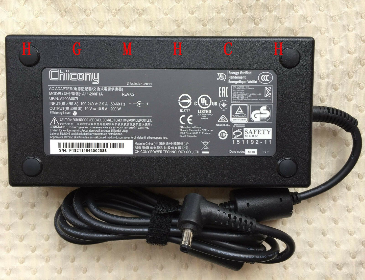 Original OEM Chicony 200W 19V 10.5A AC/DC Adapter for Sager NP8373 Gaming Laptop