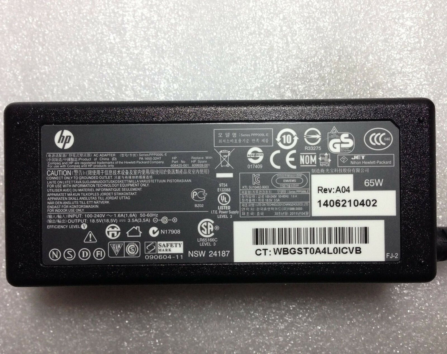 Original OEM HP 609939-001/SW 24187/N17908/R33275/PPP009L-E 65W AC Adapter+Cord